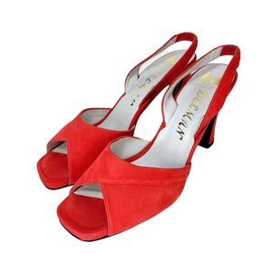 Vintage 40s Delman Red Suede Square Peep-toe Slingback Block Heels Size 7.5M